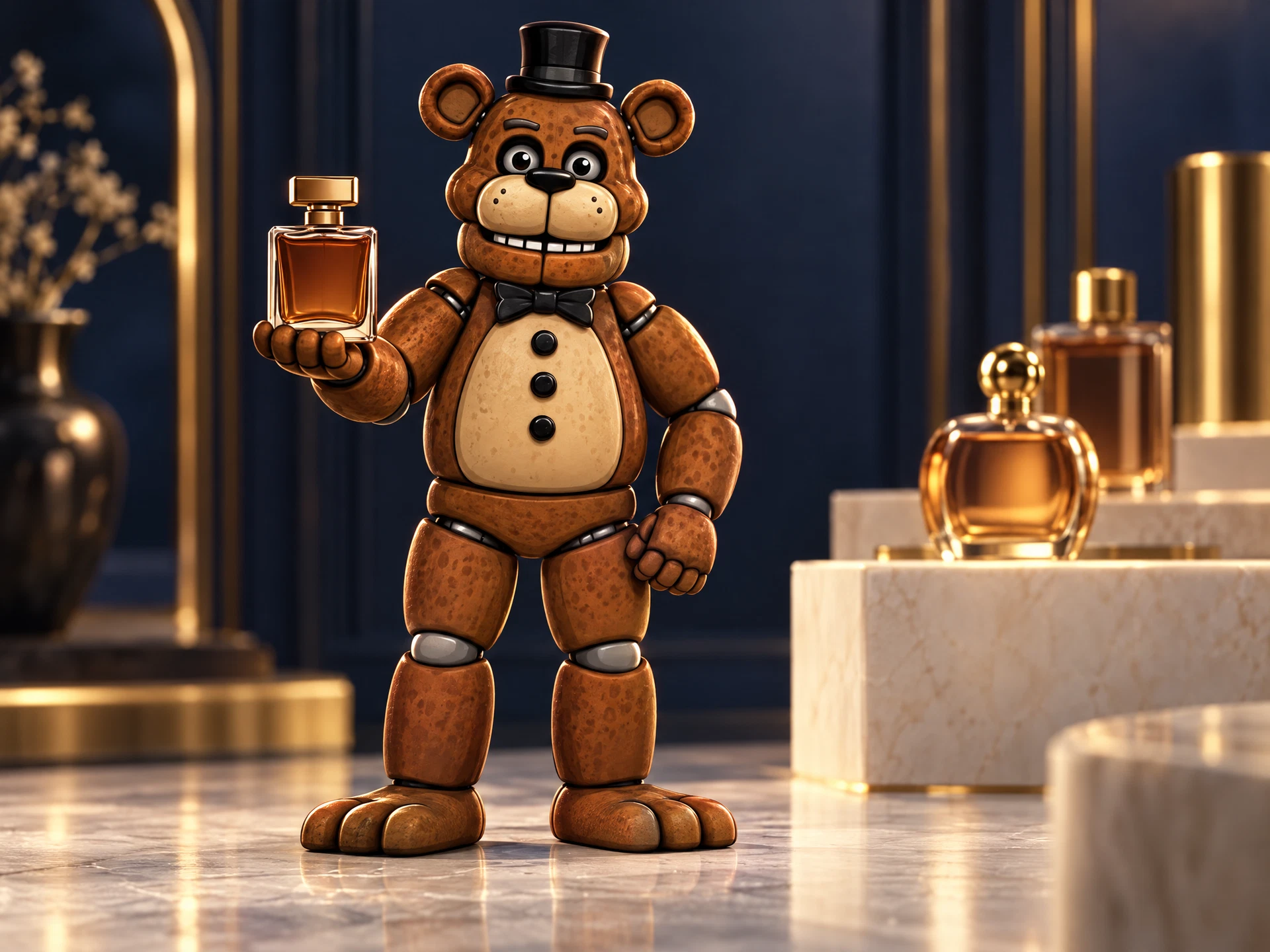 El osito de Freddy Fragrances representado en 3D junto a un frasco de perfume